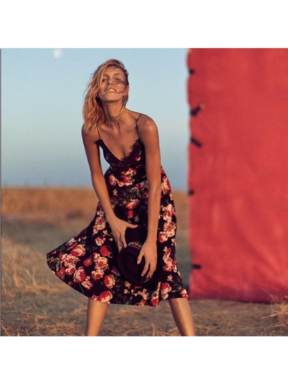 Anthropologie Foxiedox Floral Lace Trim Slip Dress Black Red Size M